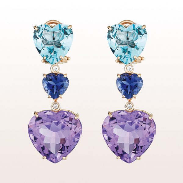 Earrings with topaz hearts, iolites, amethyst hearts and brilliants 0,07ct in 18kt rose gold