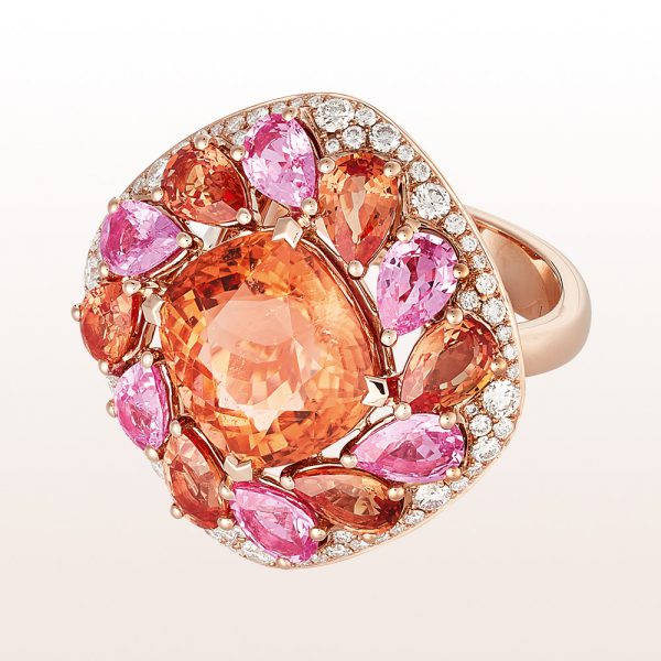 Rind with orange tourmaline 7,22ct, pink and orange sapphire 4,87ct and brilliants 1,16ct in 18kt rose gold