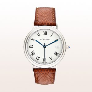 Köchert watch in 18kt white gold with white dial, blue hands, sapphire crown and a brown band