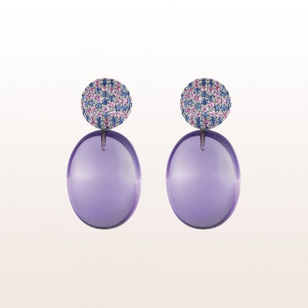 Earrings with amethyst 34,29ct and blue and pink sapphire 1,31ct in 18kt white gold