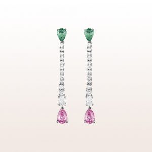 Earrings with emeralds 0,50ct, brilliants 0,68ct and pink sapphire drops 0,97ct in 18kt white gold