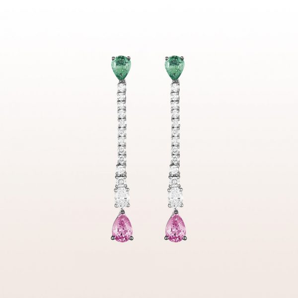 Earrings with emeralds 0,50ct, brilliants 0,68ct and pink sapphire drops 0,97ct in 18kt white gold