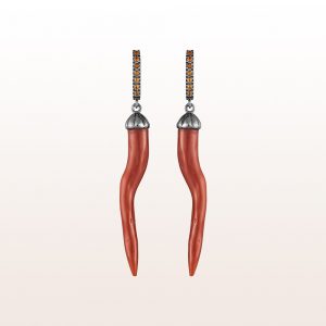 Earrings with coral and orange topazes 0,20ct in 18kt white gold