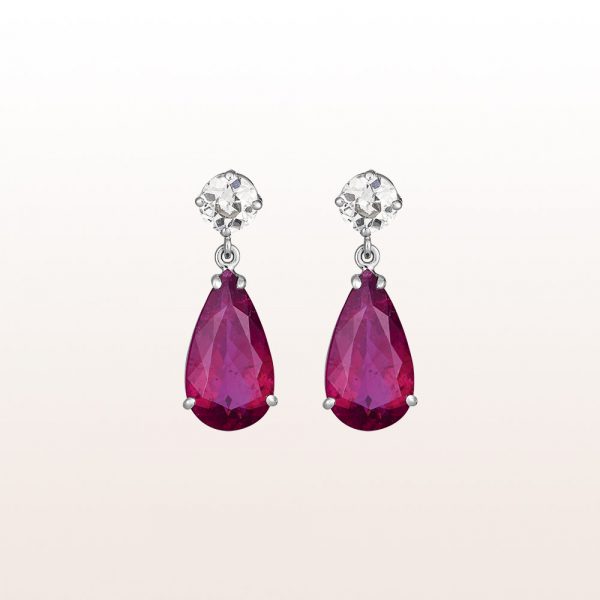 Earrings with rubellite drops 6,57ct and diamonds 1,09ct in 18kt white gold