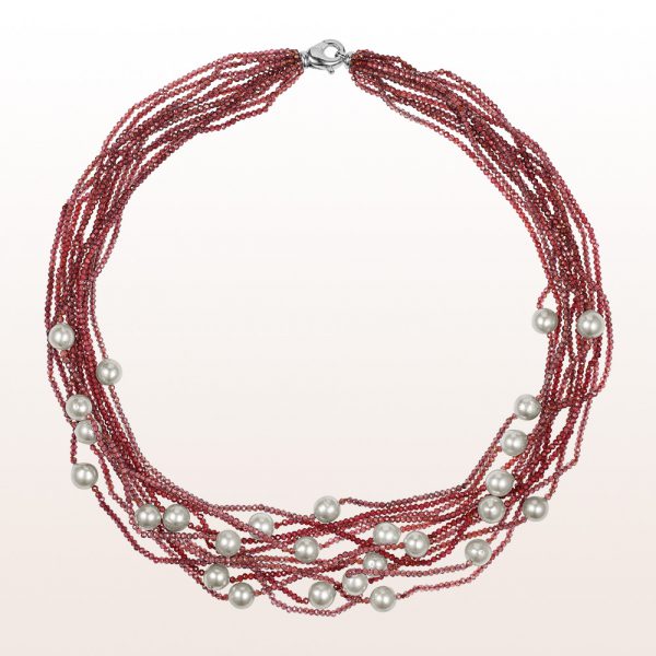 Necklace with pink and red spinel, grey culture pearls and a 18kt white gold carabiner