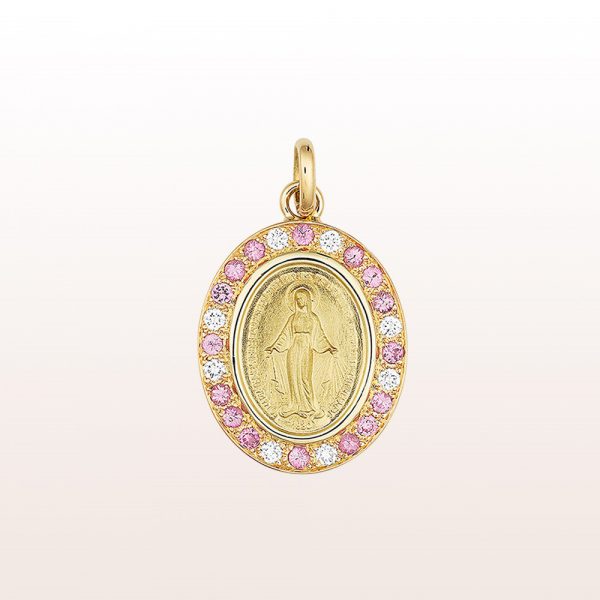 Pendant with a Madonna (14mm) with pink sapphire 0,29ct and diamonds 0,10ct in 14kt yellow gold