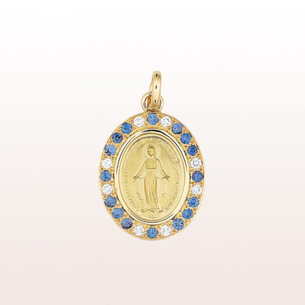 Pendant with a Madonna (14mm) with sapphire 0,33ct and diamonds 0,11ct in 14kt yellow gold