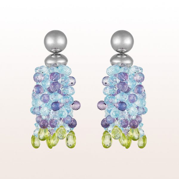 Ear studs with topaz, amethyst, peridote in 18kt white gold