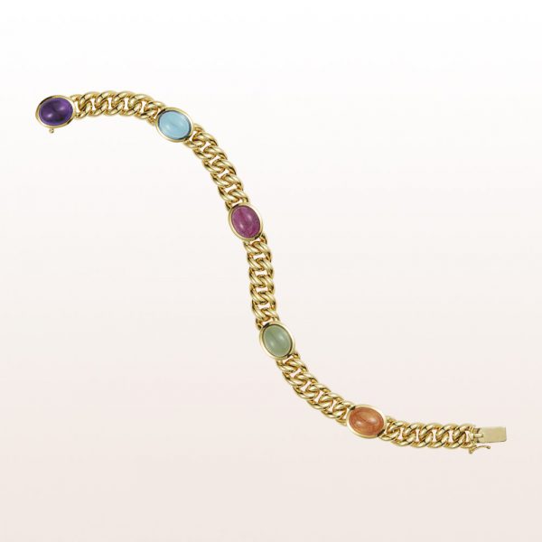 Curb chain bracelet with amethyst 2,67ct, topaz 3,50ct, green tourmaline 2,85ct, mandarin garnet 4,32ct and rubellite 2,52ct in 18kt yellow gold