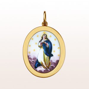 Pendant with multi-coloured madonna in 14kt yellow gold