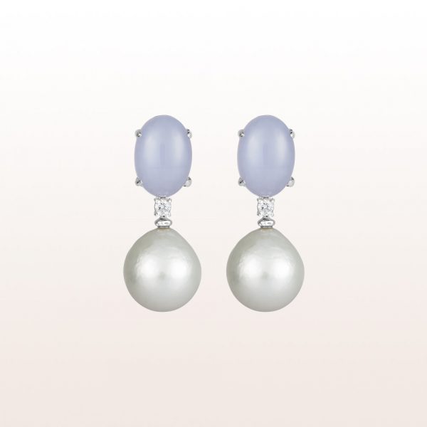 Earrings with chalzedony, pearls and brilliants 0,14ct in 18kt white gold