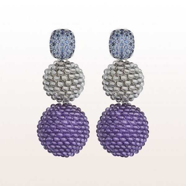 Earrings with sapphire 1,65ct, rock cristal and amethyst cocinellas in 18kt white gold