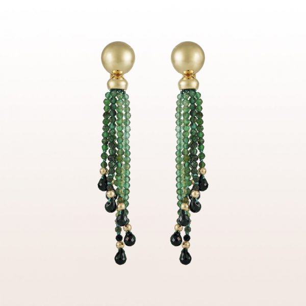 Earrings with emarald, black spinel and gold balls in 18kt yellow gold